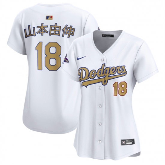 Women's Los Angeles Dodgers #18 山本由伸 White 2025 Gold Collection Limited Stitched Baseball Jersey(Run Small) - Ujersey