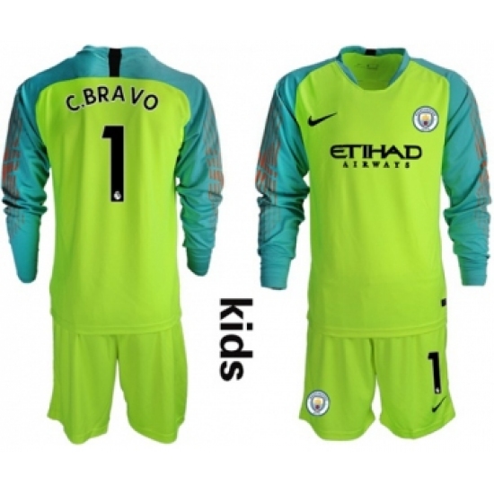 Manchester City #1 C.Bravo Shiny Green Goalkeeper Long Sleeves Kid Soccer Club Jersey