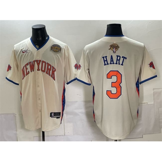 Men's New York Knicks #3 Josh Hart Cream 2026 Finals & Eastern Conference Champions Stitched Baseball Jersey - Ujersey