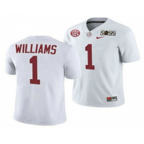 Men's Alabama Crimson Tide #1 Jameson Williams 2022 Patch White College Football Stitched Jersey
