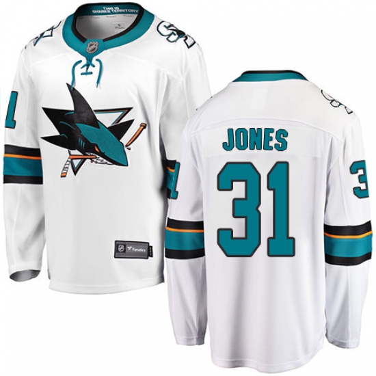 Men's San Jose Sharks #31 Martin Jones Fanatics Branded White Away Breakaway NHL Jersey - Ujersey