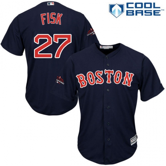 Youth Majestic Boston Red Sox #27 Carlton Fisk Authentic Navy Blue Alternate Road Cool Base 2018 World Series Champions MLB Jersey - Ujersey