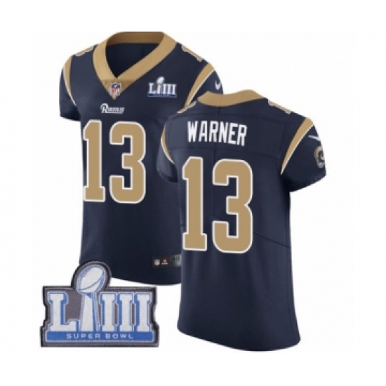 Men's Nike Los Angeles Rams #13 Kurt Warner Navy Blue Team Color Vapor Untouchable Elite Player Super Bowl LIII Bound NFL Jersey - Ujersey