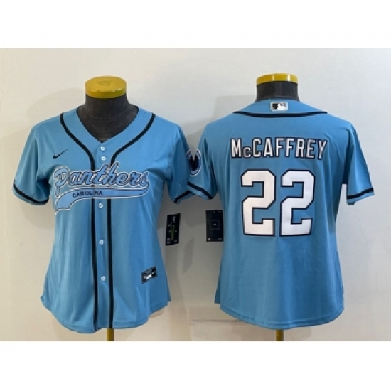Women's Carolina Panthers #22 Christian McCaffrey Blue With Patch Cool Base Stitched Baseball Jersey - Ujersey