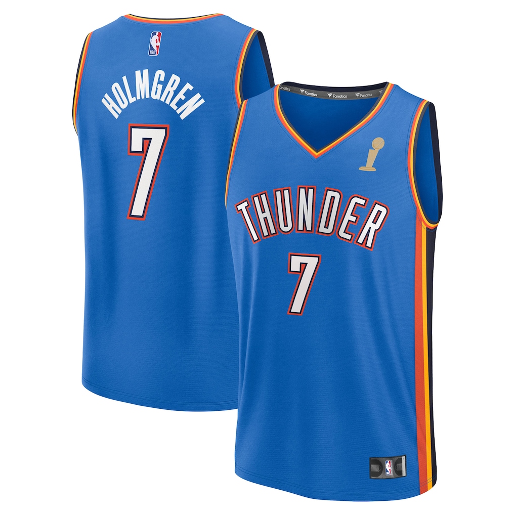 Youth Oklahoma City Thunder Chet Holmgren Fanatics Blue 2025 NBA Finals Champions Fast Break Replica Player Jersey - Icon Edition - Vujersey Los Angeles Rams