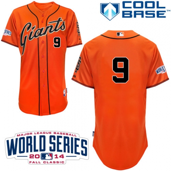 Men's Majestic San Francisco Giants #9 Brandon Belt Authentic Orange Alternate Cool Base w/2014 World Series Patch MLB Jersey - Ujersey