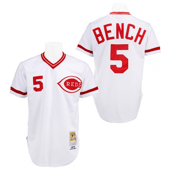 Men's Mitchell and Ness Cincinnati Reds #5 Johnny Bench Authentic White Throwback MLB Jersey