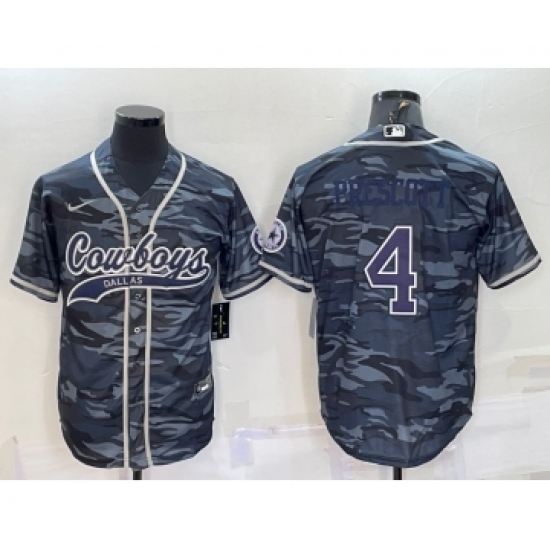 Men's Dallas Cowboys #4 Dak Prescott Blue Name Grey Camo With Patch Cool Base Stitched Baseball Jersey - Ujersey