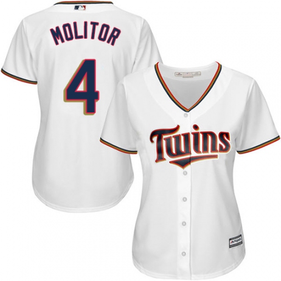 Women's Majestic Minnesota Twins #4 Paul Molitor Authentic White Home Cool Base MLB Jersey - Ujersey