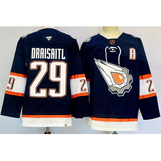Men's Edmonton Oilers #29 Leon Draisaitl Navy 2024-25 With A Reverse Retro Stitched Jersey - Ujersey