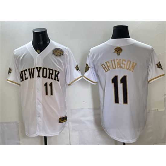 Men's New York Knicks #11 Jalen Brunson White Gold 2026 Finals & Eastern Conference Champions Stitched Baseball Jersey - Ujersey