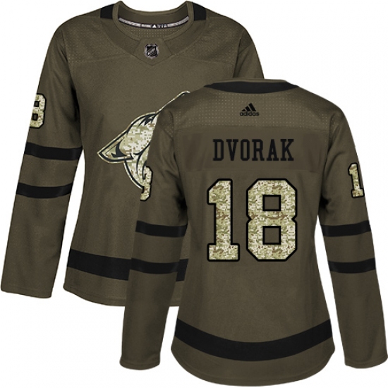 Women's Adidas Arizona Coyotes #18 Christian Dvorak Authentic Green Salute to Service NHL Jersey - Ujersey