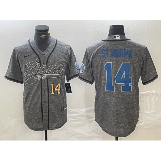 Men's Detroit Lions #14 Amon-Ra St. Brown Number Gray Cool Base Stitched Baseball Jersey - Ujersey