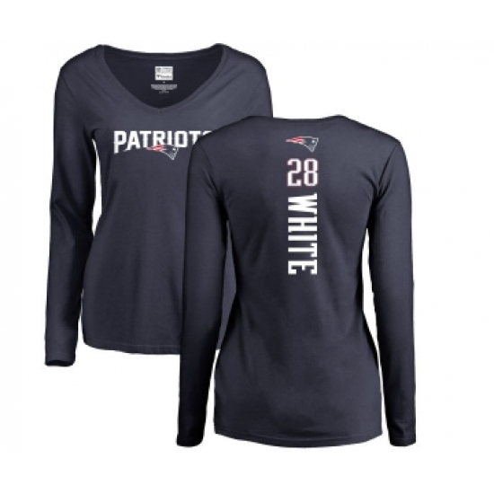 Football Women's New England Patriots #28 James White Navy Blue Backer Slim Fit Long Sleeve T-Shirt - Ujersey