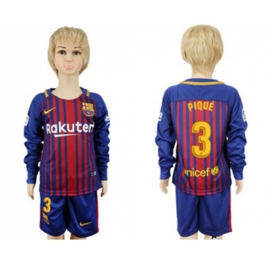 Barcelona #3 Pique Home Long Sleeves Kid Soccer Club Jersey
