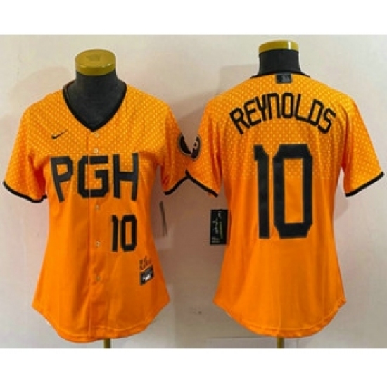 Women's Pittsburgh Pirates #10 Bryan Reynolds Number Yellowd 2023 City Connect Stitched Jersey1 - Ujersey
