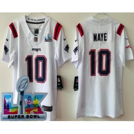 Youth New England Patriots #10 Drake Maye Limited White Super Bowl LX Vapor Jersey - ujerseystore