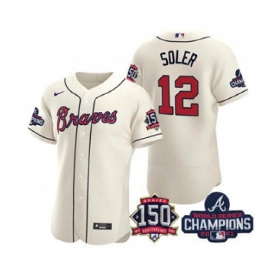 Men's Atlanta Braves #12 Jorge Soler 2021 Cream World Series Champions With 150th Anniversary Flex Base Stitched Jersey - Ujersey