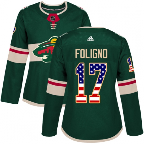 Women's Adidas Minnesota Wild #17 Marcus Foligno Authentic Green USA Flag Fashion NHL Jersey - Ujersey