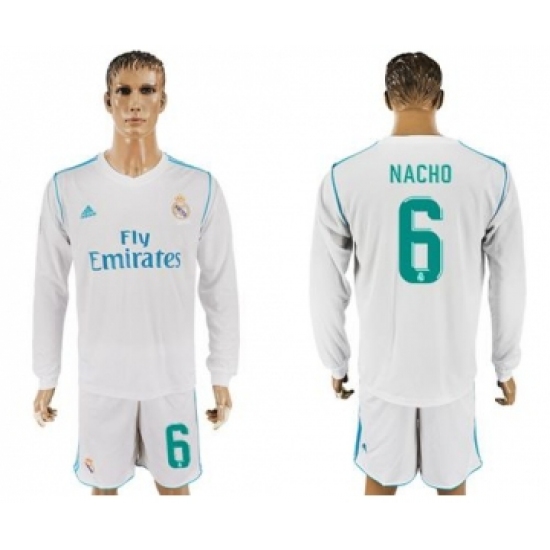 Real Madrid #6 Nacho White Home Long Sleeves Soccer Club Jersey