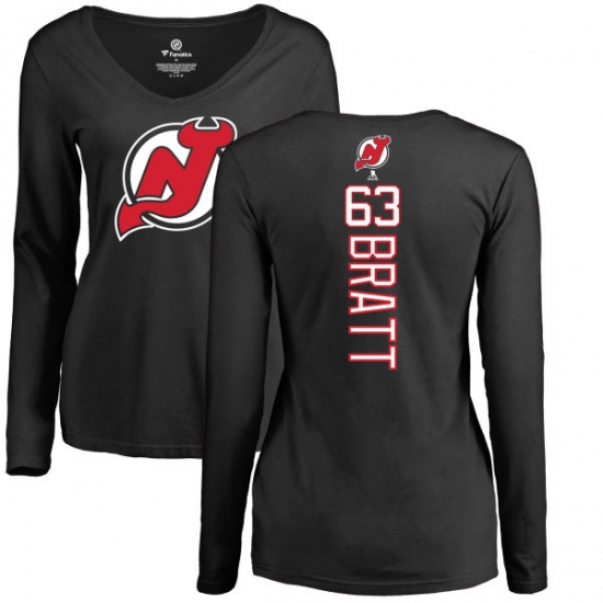 NHL Women's Adidas New Jersey Devils #63 Jesper Bratt Black Backer Long Sleeve T-Shirt - ujerseystore