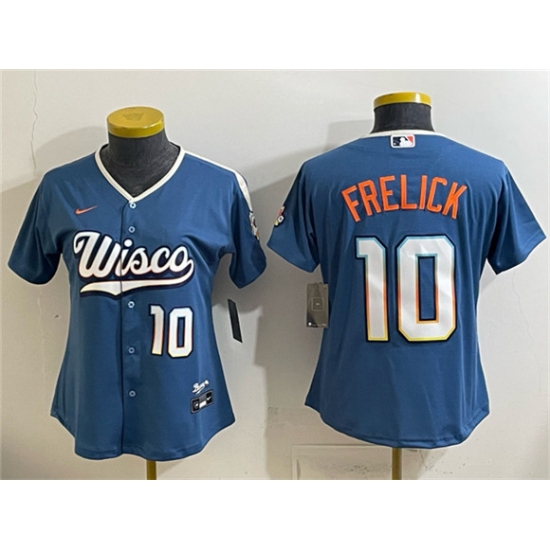 Women's Milwaukee Brewers #10 Sal Frelick Mineral Blue 2026 City Connect Stadium Stitched Baseball Jersey(Run Small)