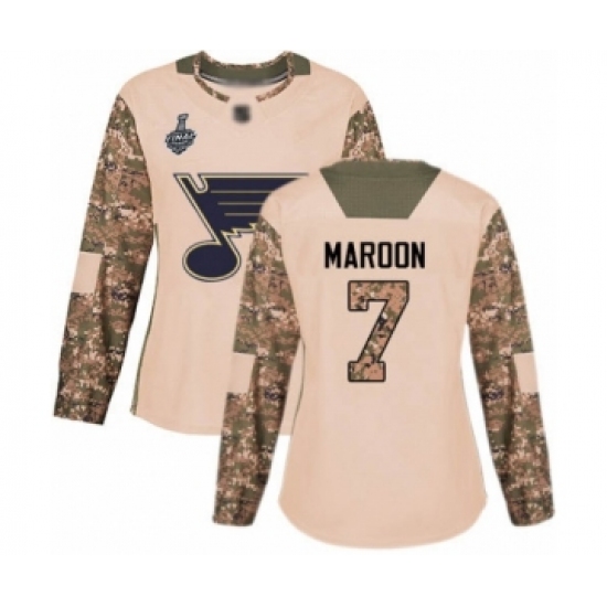 Women's St. Louis Blues #7 Patrick Maroon Authentic Camo Veterans Day Practice 2019 Stanley Cup Final Bound Hockey Jersey - Ujersey
