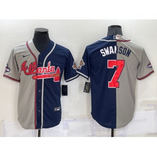 Men's Atlanta Braves #7 Dansby Swanson Grey Navy Blue Two Tone Stitched Nike Jersey - Ujersey