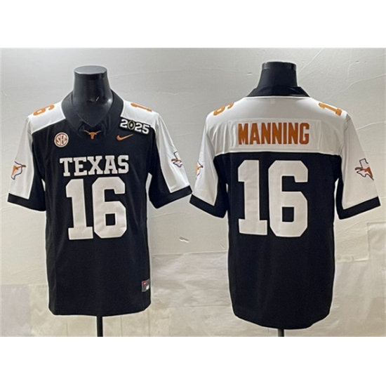 Men's Texas Longhorns #16 Peyton Manning Black F.U.S.E. 2025 CFP Final With SEC Patch Stitched Jersey - Ujersey