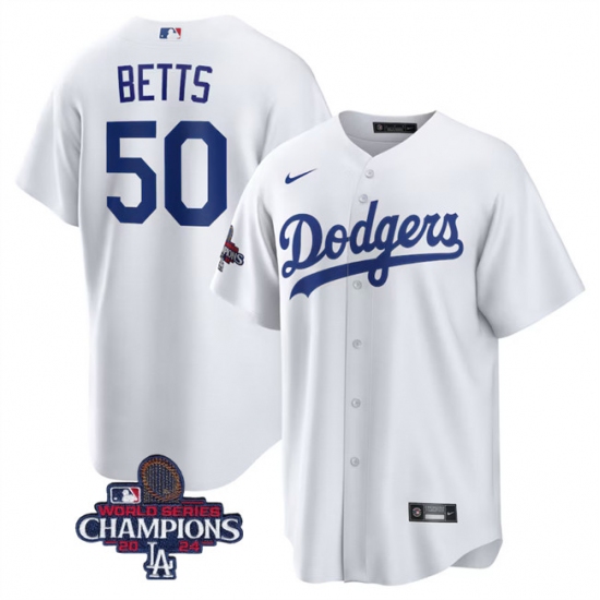 Men's Los Angeles Dodgers #50 Mookie Betts White 2024 World Series Champions Cool Base Stitched Baseball Jersey - Ujersey