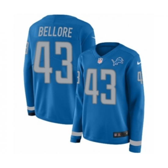 Women's Nike Detroit Lions #43 Nick Bellore Limited Blue Therma Long Sleeve NFL Jersey - Ujersey