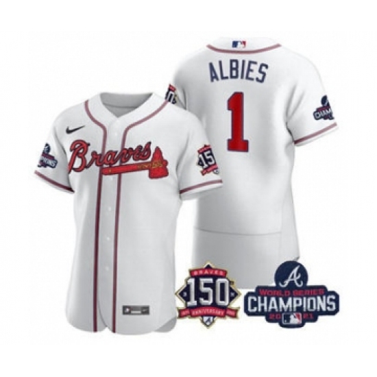 Men's Atlanta Braves #1 Ozzie Albies 2021 White World Series Champions With 150th Anniversary Flex Base Stitched Jersey - Ujersey