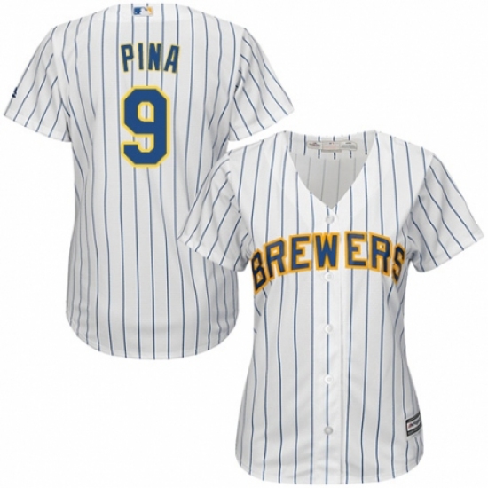 Women's Majestic Milwaukee Brewers #9 Manny Pina Replica White Home Cool Base MLB Jersey - Ujersey