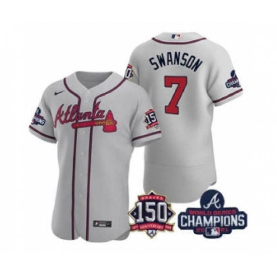 Men's Atlanta Braves #7 Dansby Swanson 2021 Gray World Series Champions With 150th Anniversary Flex Base Stitched Jersey - Ujersey