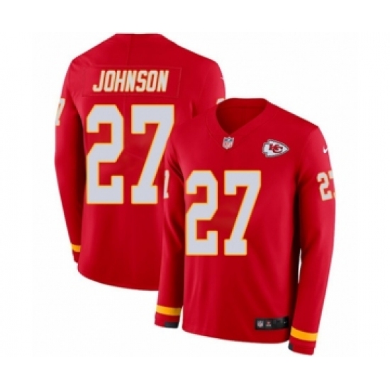 Men's Nike Kansas City Chiefs #27 Larry Johnson Limited Red Therma Long Sleeve NFL Jersey - Ujersey