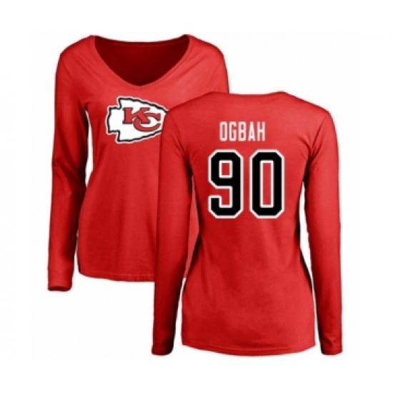 Football Women's Kansas City Chiefs #90 Emmanuel Ogbah Red Name & Number Logo Slim Fit Long Sleeve T-Shirt - Ujersey NHL