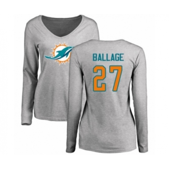 Football Women's Miami Dolphins #27 Kalen Ballage Ash Name & Number Logo Long Sleeve T-Shirt - Ujersey