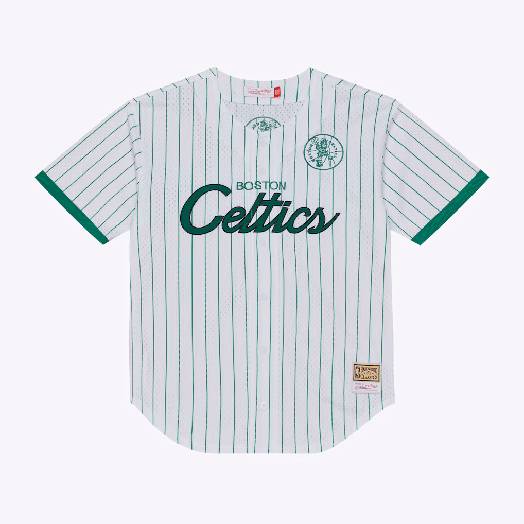 Men's Boston Celtics Mitchell & Ness White Head Coach Pinstripe Mesh Full-Button Baseball Jersey