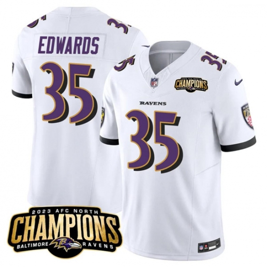 Men's Baltimore Ravens #35 Gus Edwards White 2023 F.U.S.E. AFC North Champions Vapor Limited Football Stitched Jersey - Ujersey