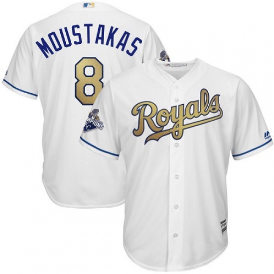 Youth Majestic Kansas City Royals #8 Mike Moustakas Authentic White 2015 World Series Champions Gold Program Cool Base MLB Jersey - Ujersey