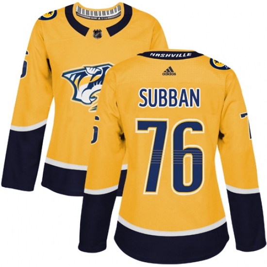 Women's Adidas Nashville Predators #76 P.K Subban Authentic Gold Home NHL Jersey - Ujersey