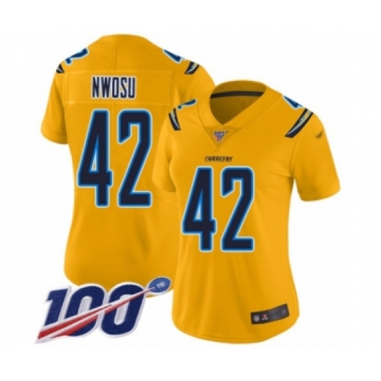 Women's Los Angeles Chargers #42 Uchenna Nwosu Limited Gold Inverted Legend 100th Season Football Jersey - Ujersey