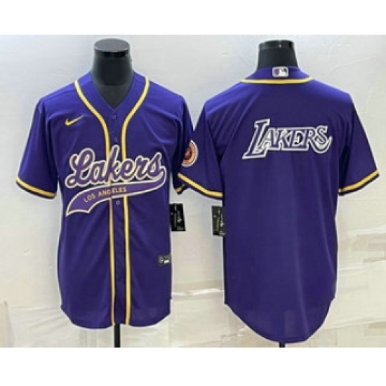 Men's Los Angeles Lakers Purple Big Logo Cool Base Stitched Baseball Jersey - Ujersey