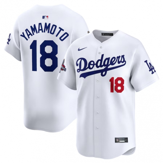 Men's Los Angeles Dodgers #18 Yoshinobu Yamamoto White 2024 World Series Champions Home Limited Stitched Baseball Jersey - ujerseystore