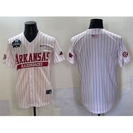Men's Arkansas Razorbacks Blank White Pinstripe 2025 World Series & SEC Patch Stitched Jersey - Ujersey