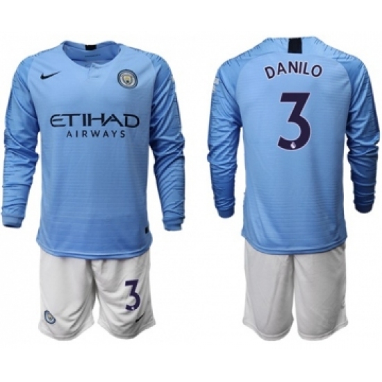 Manchester City #3 Danilo Home Long Sleeves Soccer Club Jersey