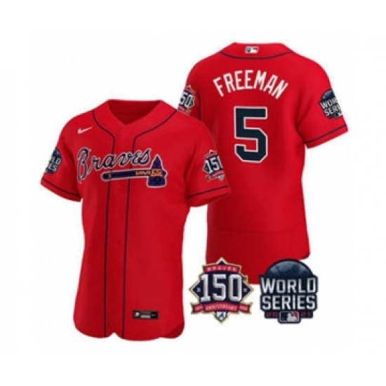 Men's Atlanta Braves #5 Freddie Freeman 2021 Red World Series Flex Base With 150th Anniversary Patch Baseball Jersey - Ujersey