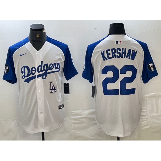 Men's Los Angeles Dodgers #22 Clayton Kershaw White Blue Fashion Stitched Cool Base Limited Jerseys - Ujersey