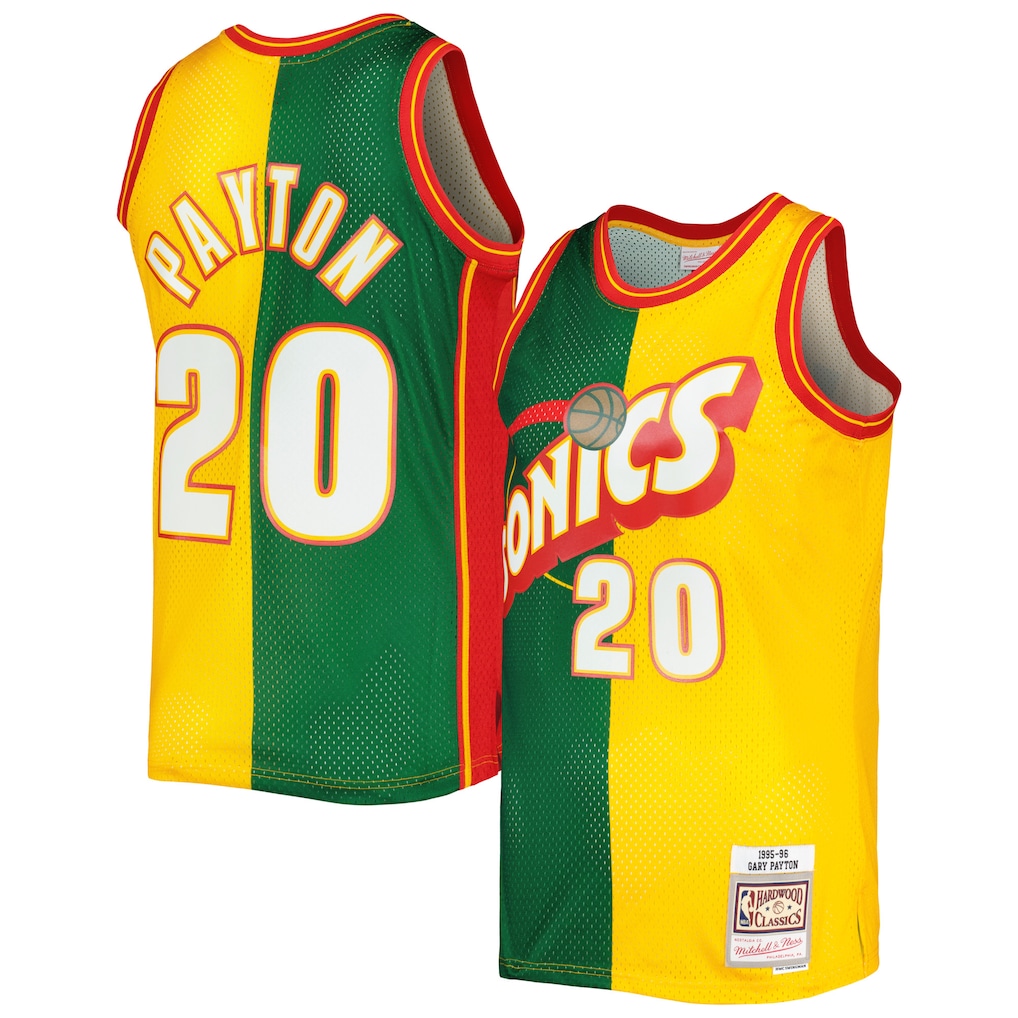 Men's Seattle SuperSonics Gary Payton Mitchell & Ness Green/Gold Hardwood Classics 1995/96 Split Swingman Jersey - Vujersey Los Angeles Rams