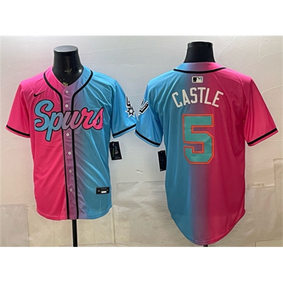 Men's San Antonio Spurs #5 Stephon Castle Pink Blue Limited Stitched Baseball Jersey - Ujersey